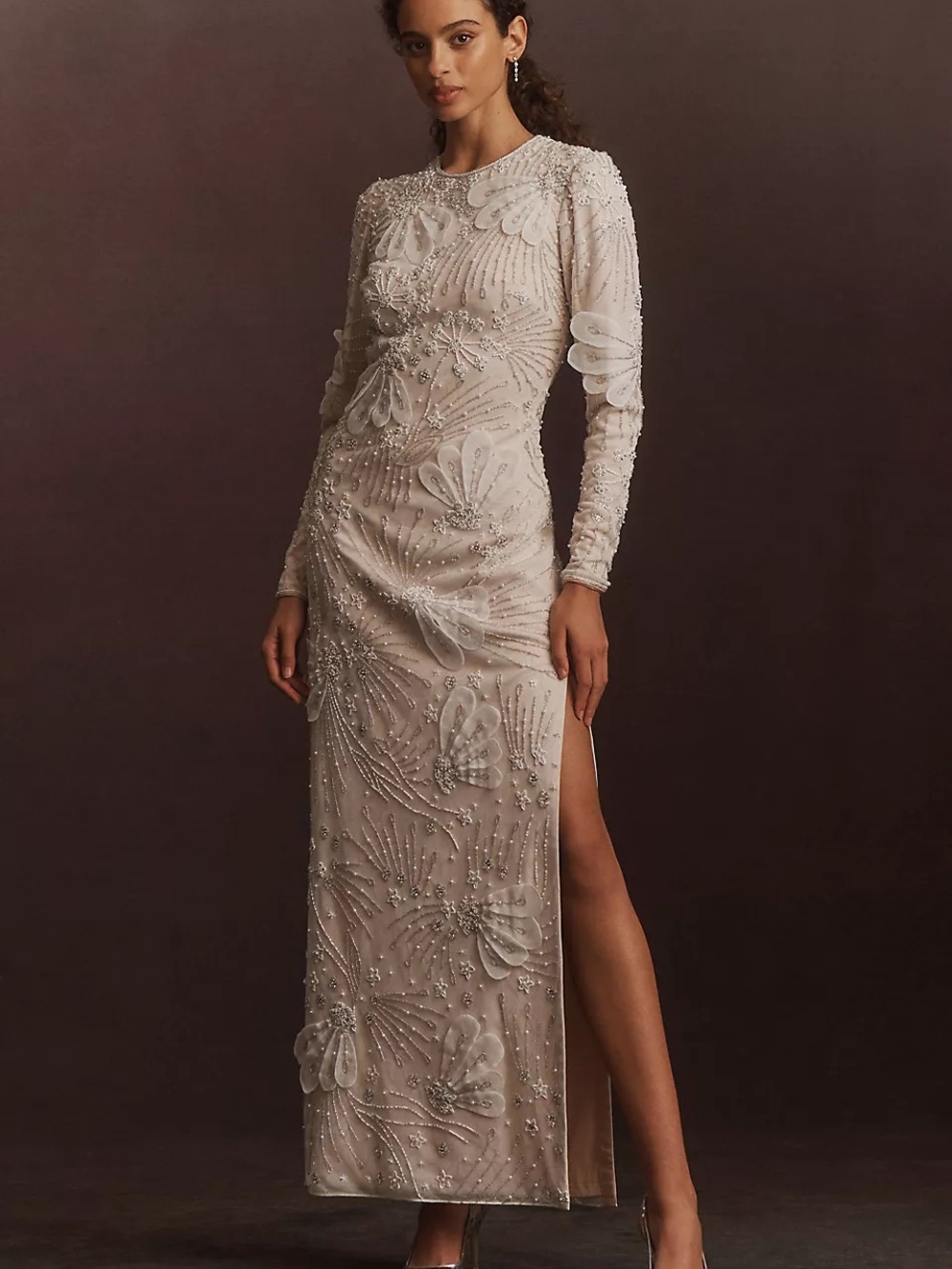 Anthropologie BHLDN Beaded Long-Sleeve Ivory Evening Gown OR BRIDESMAID